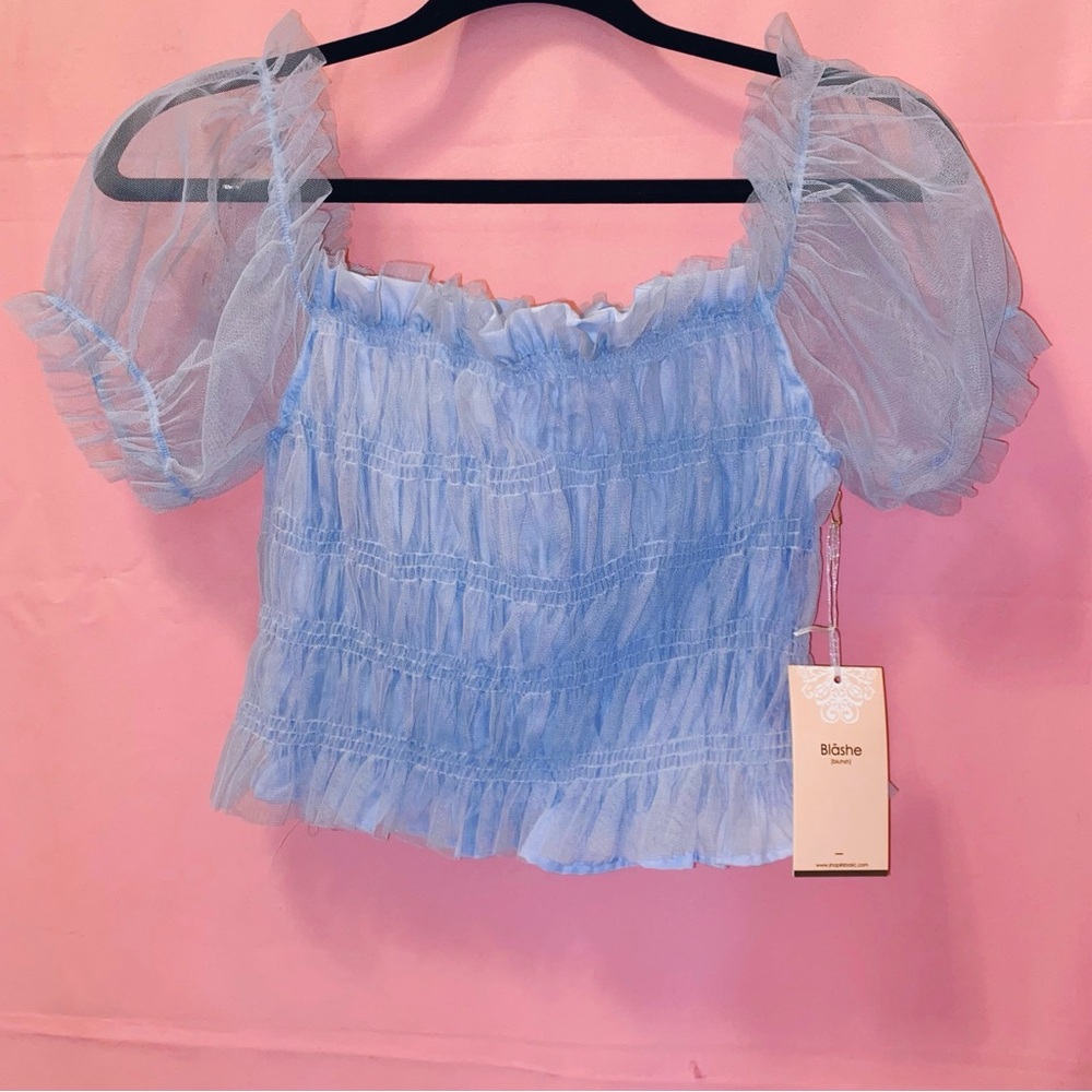 Cinderella Blue Top Puff Sleeve Elegant Lace Mesh Soft Tulle Crop Medium Blāshe